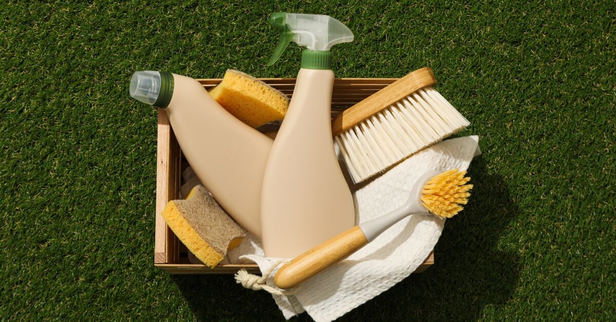 Cleaning supplies arranged for outdoor toys